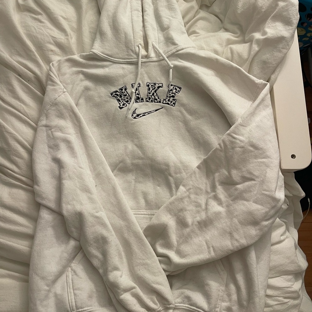 Embroidered Cow Nike Logo Gildan White Heavy Blend Hoodie